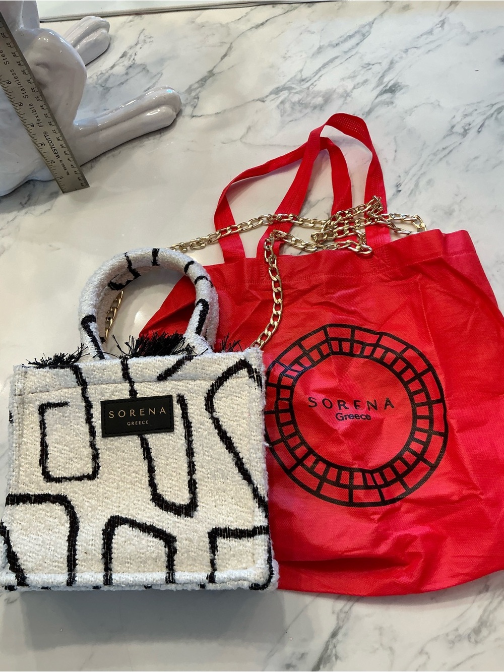 Women's Sorena White & Black Patterned Tote with Gold Chain